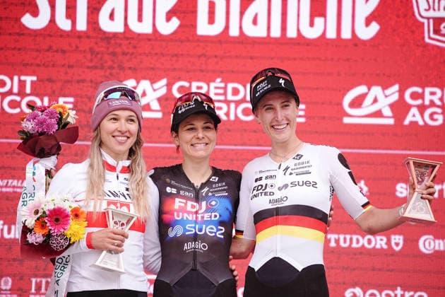 Podium, Katarzyna Niewiadoma (Canyon SRAM zondacrypto), Elise Chabbey (FDJ United - Suez), Franziska Koch (FDJ United - Suez) during the Strade Bianche Woman Elite (White Roads) a 133 km one day race from and to Siena - Tuscany,- Saturday March 7, 2025, Italy. - cycling  Copyright: xMarcoxAlpozzi xLaPressex