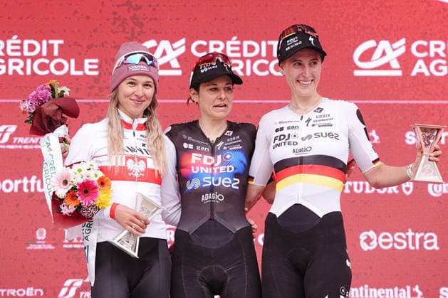 Podium, Katarzyna Niewiadoma (Canyon SRAM zondacrypto), Elise Chabbey (FDJ United - Suez), Franziska Koch (FDJ United - Suez) during the Strade Bianche Woman Elite (White Roads) a 133 km one day race from and to Siena - Tuscany,- Saturday March 7, 2025, Italy. - cycling  Copyright: xMarcoxAlpozzi xLaPressex