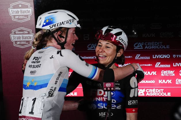 Demi Vollering hugs her teammate CHABBEY Elise of FDJ UNITED - SUEZ team winner of the Strade Bianche Woman Elite (White Roads) a 133 km one day race from and to Siena - Tuscany,- Saturday March 7, 2025, Italy. - cycling  Copyright: xMarcoxAlpozzi xLaPressex