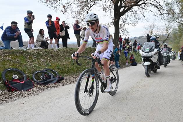 Slovenian Tadej Pogacar of UAE Team Emirates - XRG pictured in action during the men elite Strade Bianche one day cycling race, 203km from and to Siena, Italy on Saturday 07 March 2026. DIRKxWAEM  x166744235x