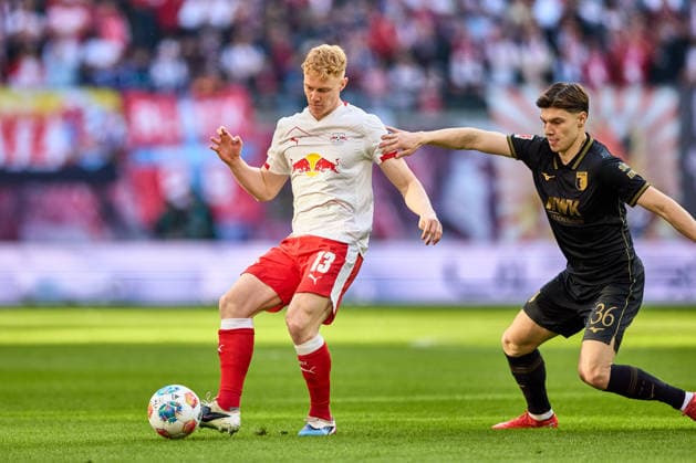 07 03 2026, Football, Men, Bundesliga, 2025 2026, RB Leipzig FC Augsburg Nicolas Seiwald 13, RB Leipzig , action, with ball, duel Leipzig Red Bull Arena Saxony Germany