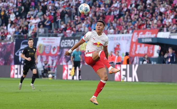Antonio Nusa on the ball Single image Crop action Sport Soccer Football DFL Bundesliga Men 25 Matchday Season 2025 2026 07 03 2026 RasenBallsport RB Leipzig RBL vs FC Augsburg FCA in the RedBull Arena DFL regulations prohibit any use of photographs as image sequences and or quasi video