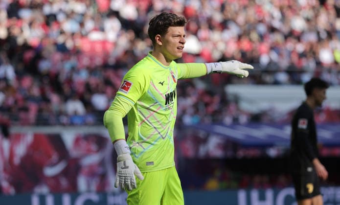 Goalkeeper Finn Dahmen pointing, gesturing action upper body Sports Football Soccer DFL Bundesliga Men 25 Matchday Season 2025 2026 07 03 2026 RasenBallsport RB Leipzig RBL vs FC Augsburg FCA at RedBull Arena DFL regulations prohibit any use of photographs as image sequences and or quasi video