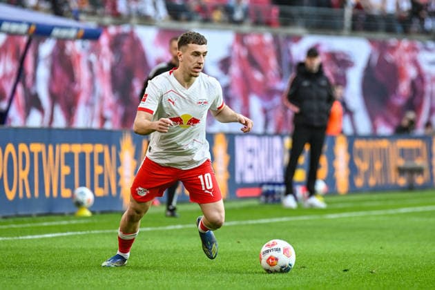 Soccer I Men I Season 2025 2026 I Bundesliga I 25 Matchday I RB Leipzig FC Augsburg I 07 03 2026 Brajan Gruda 10, RB Leipzig with ball Crop, close-up, portrait, portrait, single photo, single image, body Leipzig Red Bull Arena Saxony Germany Copyright: xLobeca InesxHähnelx
