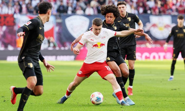 RB Leipzig Augsburg Bundesliga Leipzig, 07 03 2026, Red Bull Arena, Soccer, 1 Bundesliga, 25 Matchday , RB Leipzig vs FC Augsburg , In the picture from the front Brajan Gruda 10, RB Leipzig , Han Noah Massengo 4,Augsburg , For editorial use only Only editorial use , DFL DFB regulations prohibit any use of photographs as image sequences and or quasi video ,
