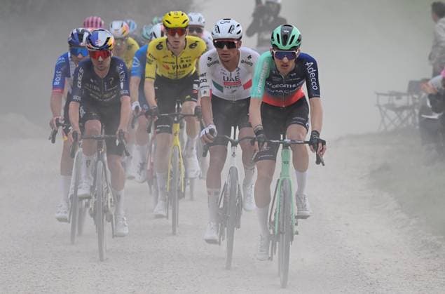 British Thomas Pidcock of Pinarello Q36.5 Pro Cycling, Mexican Isaac Del Toro of UAE Team Emirates - XRG and French Paul Seixas of Decathlon CMA CGM Team pictured in action during the men elite Strade Bianche one day cycling race, 203km from and to Siena, Italy on Saturday 07 March 2026. POOLxTIMxDExWAELE  x166747016x