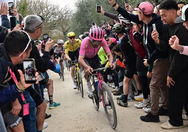 American Matteo Jorgenson of Team Visma-Lease a Bike and Irish Ben Healy of EF Education - EasyPost pictured in action during the men elite Strade Bianche one day cycling race, 203km from and to Siena, Italy on Saturday 07 March 2026. POOLxTIMxDExWAELE  x166747036x