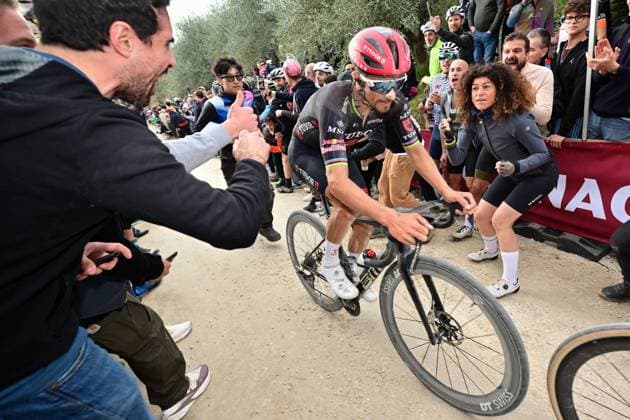 French Julian Alaphilippe of Tudor Pro Cycling Team pictured in action during the men elite Strade Bianche one day cycling race, 203km from and to Siena, Italy on Saturday 07 March 2026. DIRKxWAEM  x166747272x