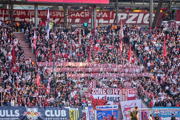 07 03 2026, Football, Men, Bundesliga, 2025 2026, RB Leipzig FC Augsburg Protest banner of RB fans against police arbitrariness Leipzig Red Bull Arena Saxony Germany