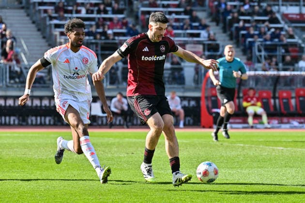 2 Bundesliga 1 FC Nuremberg Fortuna Düsseldorf 07 03 2026 NUREMBERG, GERMANY 07 MARCH in the duel Elias EGOULI Fortuna Düsseldorf 44 and Luka LOCHOSHVILI 1 FC Nuernberg 24 during the match between 1 FC Nuremberg and Fortuna Düsseldorf on matchday 25 of Bundesliga 2 at Max Morlock Stadium DFL REGULATIONS PROHIBIT ANY USE OF PHOTOGRAPHS AS IMAGE SEQUENCES AND OR QUASI VIDEO Copyright: xBEAUTIFULxSPORTS Goldbergx