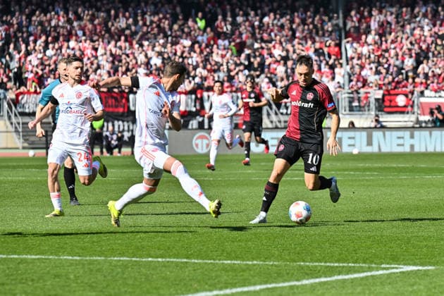 2 Bundesliga 1 FC Nuremberg Fortuna Düsseldorf 07 03 2026 NUREMBERG, GERMANY 07 MARCH in the duel Tim OBERDORF Fortuna Düsseldorf 15 and Julian JUSTVAN 1 FC Nuernberg 10 during the match between 1 FC Nürnberg and Fortuna Düsseldorf on matchday 25 of the 2 Bundesliga at Max Morlock Stadion Copyright: xBEAUTIFULxSPORTS Goldbergx