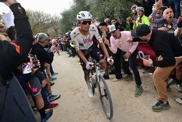 Mexican Isaac Del Toro of UAE Team Emirates - XRG pictured in action during the men elite Strade Bianche one day cycling race, 203km from and to Siena, Italy on Saturday 07 March 2026. DIRKxWAEM  x166748349x