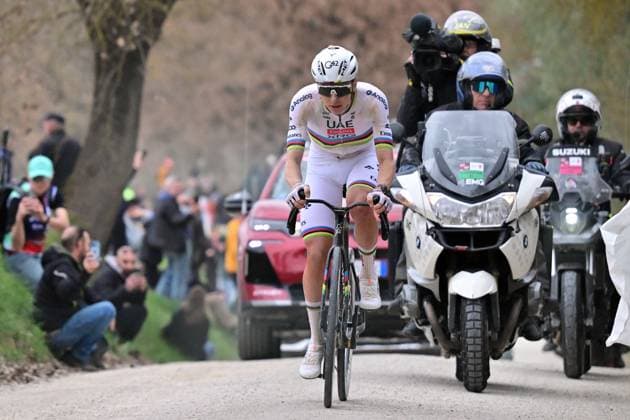 Slovenian Tadej Pogacar of UAE Team Emirates - XRG pictured in action during the men elite Strade Bianche one day cycling race, 203km from and to Siena, Italy on Saturday 07 March 2026. DIRKxWAEM  x166748633x