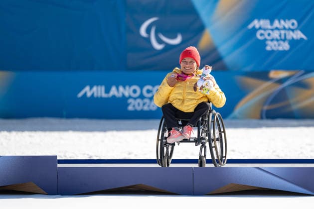 TESERO, ITALY - MARCH 07: Anja WICKER of Germany, classification LW10, born Dec 1991 in Stuttgart, local club MTV Stuttgart, regional association Baden-Wuerttemberg at the modest during the nordic ski competitions for the bronze medal in the seated women s para biathlon sprint finals over 7.5km on day 1 of the Paralympic Winter games, Winterspiele,Spiele, Summer games Milano Cortina 2026 at Cross-Country Skiing Stadium (TCC) of Tesero on 07.3.2026 in Trento Val di Fiemme Italy. Photo Oliver Kremer Pixolli Studios. Trento Val di Fiemme Italy Copyright: xOliverxKremerx