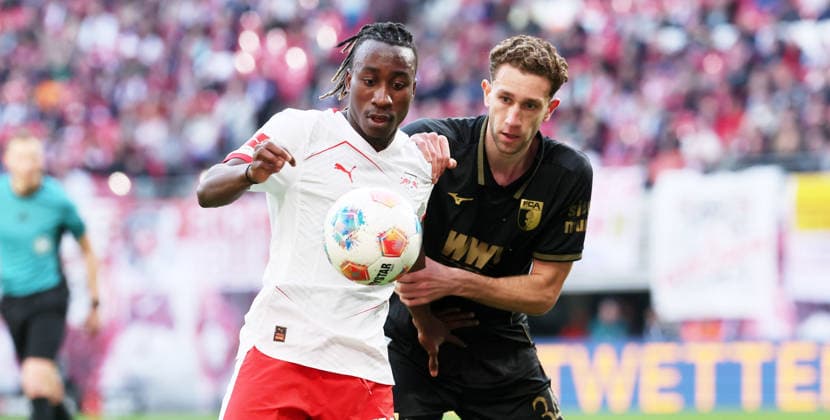 RB Leipzig Augsburg Bundesliga Leipzig, 07 03 2026, Red Bull Arena, Soccer, 1 Bundesliga, 25 Matchday , RB Leipzig vs FC Augsburg , Pictured from left Yan Diomande 49, RB Leipzig , Arthur Chaves 34, Augsburg , For editorial use only Only editorial use , DFL DFB regulations prohibit any use of photographs as image sequences and or quasi video ,