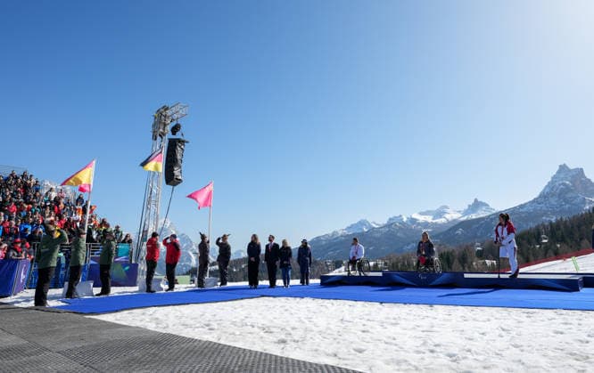 (260307) -- CORTINA D AMPEZZO, March 7, 2026 -- Anna-Lena Forster (2nd R) of Germany, Audrey Pascual Seco (3rd R) of Spain, Liu Sitong (1st R) of China react during awarding ceremony for the para alpine skiing women s downhill sitting match at the Milan-Cortina 2026 Paralympic Winter games, Winterspiele,Spiele, Summer games in Cortina D ampezzo, Italy, March 7, 2026. ) (SP)ITALY-CORTINA D AMPEZZO-PARALYMPIC WINTER GAMES-PARA ALPINE SKIING-WOMEN S DOWNHILL-SITTING WangxKaiyan 