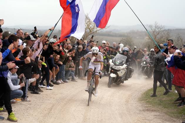 Slovenian Tadej Pogacar of UAE Team Emirates - XRG pictured in action during the men elite Strade Bianche one day cycling race, 203km from and to Siena, Italy on Saturday 07 March 2026. POOLxFABIOxFERRARI  x166749392x