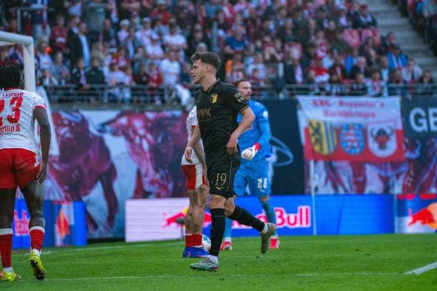 Germany Bundesliga 2025 2026, Matchday 25 RB Leipzig vs FC Augsburg Red Bull Arena Leipzig Robin Fellhauer FC Augsburg, 19 Goal celebration Copyright: xTomxLauruschkatx