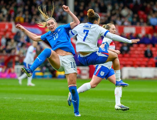 Lauren James (England) and Karolina Vilhjalmsdottir battle for the ball during the Womens European World Cup Qualifier 2027 match between England Women and Iceland Women at the City Ground, Nottingham, England on 7 March 2026. Copyright: xMarkxDunnx 44650006