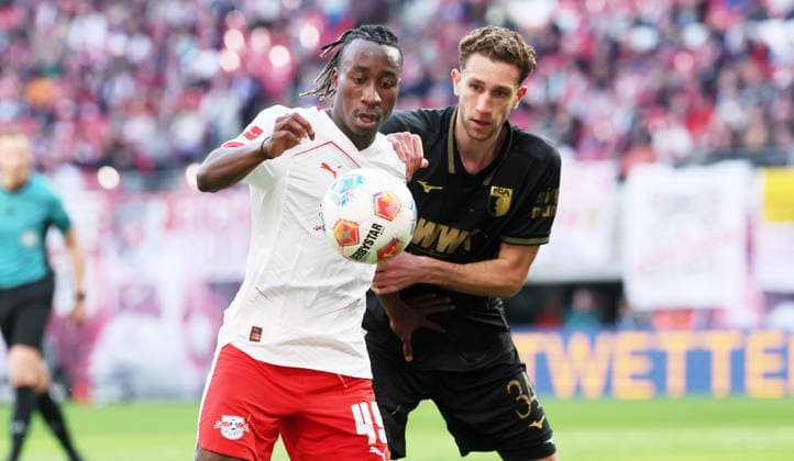 RB Leipzig Augsburg Bundesliga Leipzig, 07 03 2026, Red Bull Arena, Soccer, 1 Bundesliga, 25 Matchday , RB Leipzig vs FC Augsburg , Pictured from left Yan Diomande 49, RB Leipzig , Arthur Chaves 34, Augsburg , For editorial use only Only editorial use , DFL DFB regulations prohibit any use of photographs as image sequences and or quasi video ,