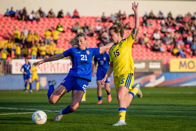 260307 Å½ivana Stupar of Serbia and Julia Zigiotti Olme of Sweden during the FIFA Women™s World Cup Qualifier football match between Serbia and Sweden on March 7, 2026 in Stara Pazova Photo Ludvig Thunman BILDBYRAN code LT LT0784 fotboll football soccer fotball vm kval kval fifa womens world cup qualifier qualifier serbien serbia sverige sweden dam bbeng  Copyright: LUDVIGxTHUNMAN BB260307LT074