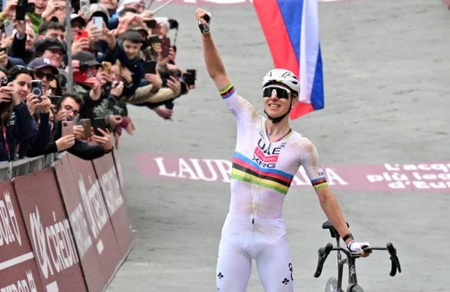 Slovenian Tadej Pogacar of UAE Team Emirates - XRG celebrates after winning the men elite Strade Bianche one day cycling race, 203km from and to Siena, Italy on Saturday 07 March 2026. DIRKxWAEM  x166752679x