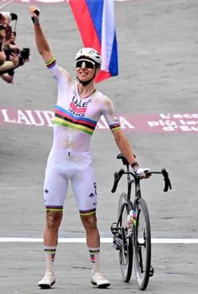 Slovenian Tadej Pogacar of UAE Team Emirates - XRG celebrates after winning the men elite Strade Bianche one day cycling race, 203km from and to Siena, Italy on Saturday 07 March 2026. DIRKxWAEM  x166752808x