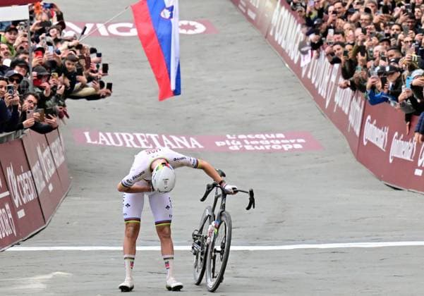 Slovenian Tadej Pogacar of UAE Team Emirates - XRG celebrates after winning the men elite Strade Bianche one day cycling race, 203km from and to Siena, Italy on Saturday 07 March 2026. DIRKxWAEM  x166753250x