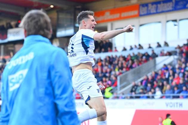 Goal celebration Fisnik ASLLANI 1899 Hoffenheim after goal to 0 3,cheering,joy,enthusiasm,action Soccer 1 Bundesliga Season 2025 2026, 25 Matchday, Matchday25 1 FC Heidenheim TSG 1899 Hoffenheim on 07 03 2026, VOITH ARENA