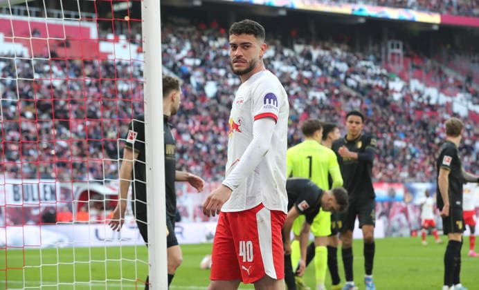Romulo disappointed after missed goal chance Disappointment Sport Football Soccer DFL Bundesliga Men 25 Matchday Season 2025 2026 07 03 2026 RasenBallsport RB Leipzig RBL vs FC Augsburg FCA at RedBull Arena DFL regulations prohibit any use of photographs as image sequences and or quasi video