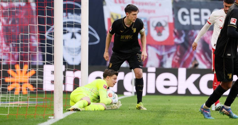 RB Leipzig Augsburg Bundesliga Leipzig, 07 03 2026, Red Bull Arena, Soccer, 1 Bundesliga, 25 Matchday , RB Leipzig vs FC Augsburg , In the picture from left goalkeeper Finn Dahmen 1,Augsburg , Keven Schlotterbeck 31,Augsburg , For editorial use only Only editorial use , DFL DFB regulations prohibit any use of photographs as image sequences and or quasi video ,