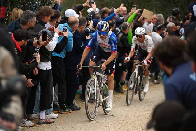 Belgian Gianni Vermeersch of Red Bull-BORA-hansgrohe and Mexican Isaac Del Toro of UAE Team Emirates - XRG pictured in action during the men elite Strade Bianche one day cycling race, 203km from and to Siena, Italy on Saturday 07 March 2026. POOLxTIMxDExWAELE  x166754484x