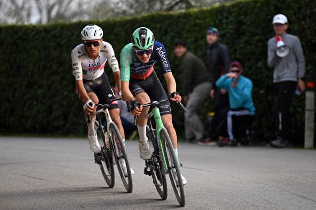 Mexican Isaac Del Toro of UAE Team Emirates - XRG and French Paul Seixas of Decathlon CMA CGM Team pictured in action during the men elite Strade Bianche one day cycling race, 203km from and to Siena, Italy on Saturday 07 March 2026. POOLxTIMxDExWAELE  x166754491x