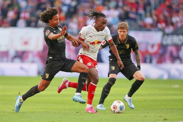 Leipzig, Saxony, Germany, 07 03 2026 Red Bull Arena 25 Matchday, Season 2025 26, 1 Soccer Bundesliga RB Leipzig FC Augsburg Han Noah Massengo 4, FCA , Yan Diomande 49, RBL and Kristijan Jakic 17, FCA Copyright: xdtsxNachrichtenagenturx dts_109925