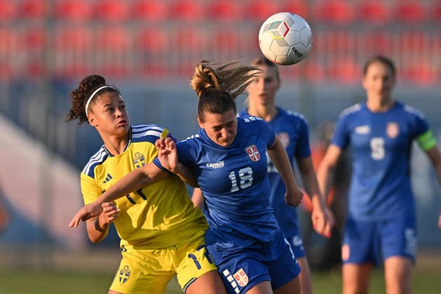 SERBIA vs SWEDEN FELICIA SCHRODER vs EMILIJA EMMA PETROVIC football Serbia vs Sweden World Cup qualifications match at sports center FSS, Stara Pazova 07.03.2026 Foto: FOOTBALL, SERBIA, SWEDEN, WORLD CUP QUALIFICATIONS, WOMEN Stara Pazova Sports center Stara Pazova Serbia Copyright: xMarkoxMetlas xMNxPressx
