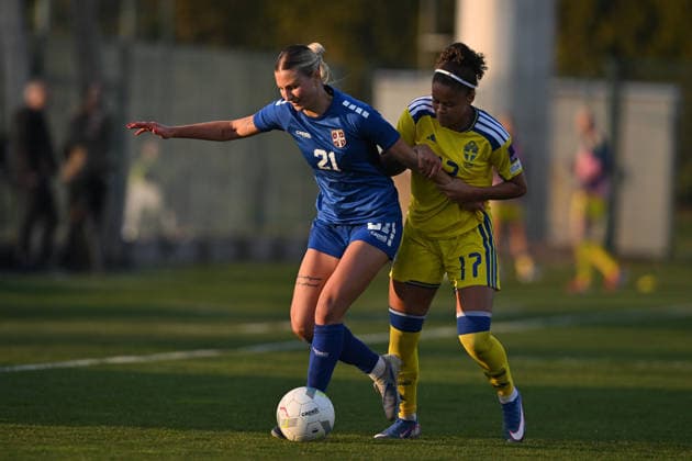 SERBIA vs SWEDEN ZIVANA STUPAR vs FELICIA SCHRODER football Serbia vs Sweden World Cup qualifications match at sports center FSS, Stara Pazova 07.03.2026 Foto: FOOTBALL, SERBIA, SWEDEN, WORLD CUP QUALIFICATIONS, WOMEN Stara Pazova Sports center Stara Pazova Serbia Copyright: xMarkoxMetlas xMNxPressx