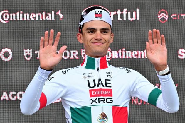 Mexican Isaac Del Toro of UAE Team Emirates - XRG celebrates on the podium of the men elite Strade Bianche one day cycling race, 203km from and to Siena, Italy on Saturday 07 March 2026. DIRKxWAEM  x166755786x