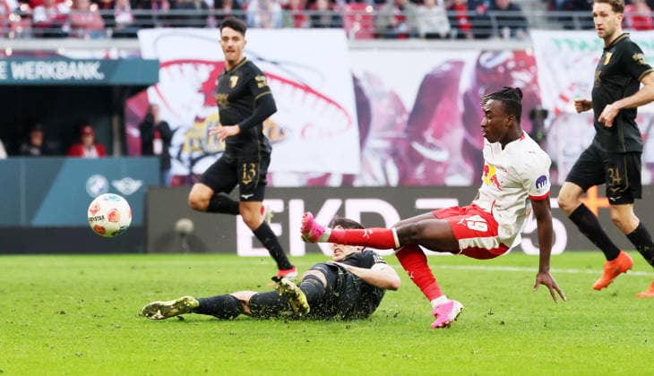 RB Leipzig Augsburg Bundesliga Leipzig, 07 03 2026, Red Bull Arena, Soccer, 1 Bundesliga, 25 Matchday , RB Leipzig vs FC Augsburg , In the picture Goal for RB Leipzig Yan Diomande 49, RB Leipzig scores to equalize , For editorial use only Only editorial use , DFL DFB regulations prohibit any use of photographs as image sequences and or quasi video ,