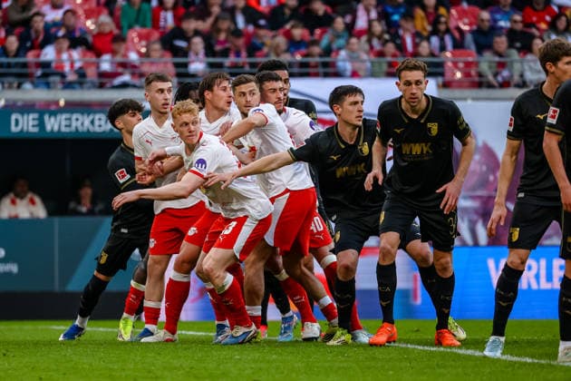Scramble in front of the Augsburg goal, Nicolas Seiwald RB Leipzig, 13 , Christoph Baumgartner RB Leipzig, 14 , Brajan Gruda RB Leipzig, 10 , RB Leipzig vs FC Augsburg, Football, 1 Bundesliga, Matchday 25, Season 2025 2026, 07 03 2026,¨ DFL REGULATIONS PROHIBIT ANY USE OF PHOTOGRAPHS AS IMAGE SEQUENCES AND OR QUASI VIDEO,¨ RB Leipzig vs FC Augsburg, Football, 1 Bundesliga, 25 Matchday, Season 2025 2026, 07 03 2026 Leipzig Copyright: xEibner-Pressefoto LauraxRoemerx EP_LRR