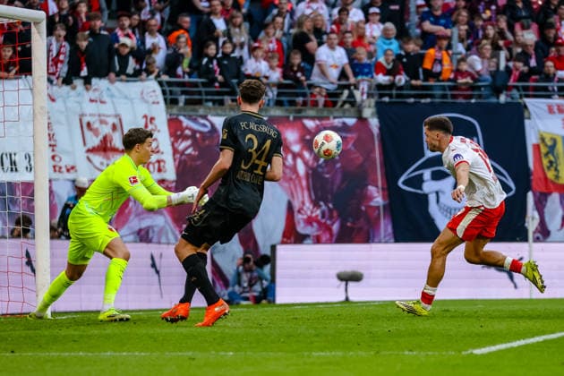 Christoph Baumgartner RB Leipzig, 14 with header attempt, Finn Dahmen FC Augsburg, 01 , Arthur Chaves FC Augsburg, 34 , RB Leipzig vs FC Augsburg, Football, 1 Bundesliga, Matchday 25, Season 2025 2026, 07 03 2026,¨ DFL REGULATIONS PROHIBIT ANY USE OF PHOTOGRAPHS AS IMAGE SEQUENCES AND OR QUASI VIDEO,¨ RB Leipzig vs FC Augsburg, Football, 1 Bundesliga, Matchday 25, Season 2025 2026, 07 03 2026 Leipzig Copyright: xEibner-Pressefoto LauraxRoemerx EP_LRR
