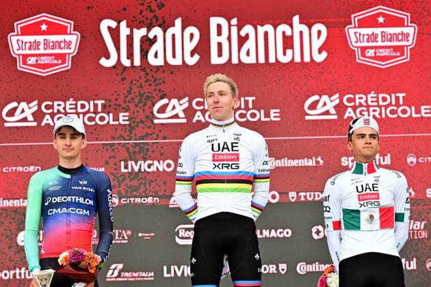 French Paul Seixas of Decathlon CMA CGM Team, Slovenian Tadej Pogacar of UAE Team Emirates - XRG and Mexican Isaac Del Toro of UAE Team Emirates - XRG celebrate on the podium of the men elite Strade Bianche one day cycling race, 203km from and to Siena, Italy on Saturday 07 March 2026. DIRKxWAEM  x166756234x