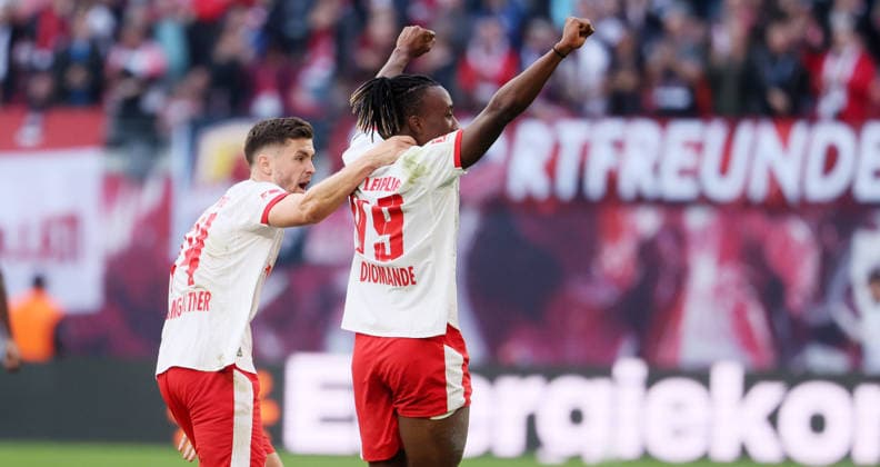 RB Leipzig Augsburg Bundesliga Leipzig, 07 03 2026, Red Bull Arena, Soccer, 1 Bundesliga, 25 Matchday , RB Leipzig vs FC Augsburg , In the picture Goal for RB Leipzig Yan Diomande 49, RB Leipzig scores the equalizer and cheers with Christoph Baumgartner 14, RB Leipzig , For editorial use only Only editorial use , DFL DFB regulations prohibit any use of photographs as image sequences and or quasi video ,