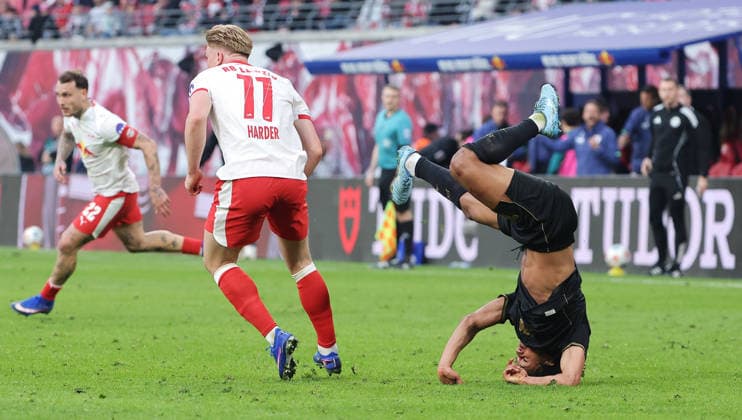 Conrad Harder, Han Noah Massengo after the duel Match scene Action Sport Football Soccer DFL Bundesliga Men 25 Matchday Season 2025 2026 07 03 2026 RasenBallsport RB Leipzig RBL vs FC Augsburg FCA at RedBull Arena DFL regulations prohibit any use of photographs as image sequences and or quasi video