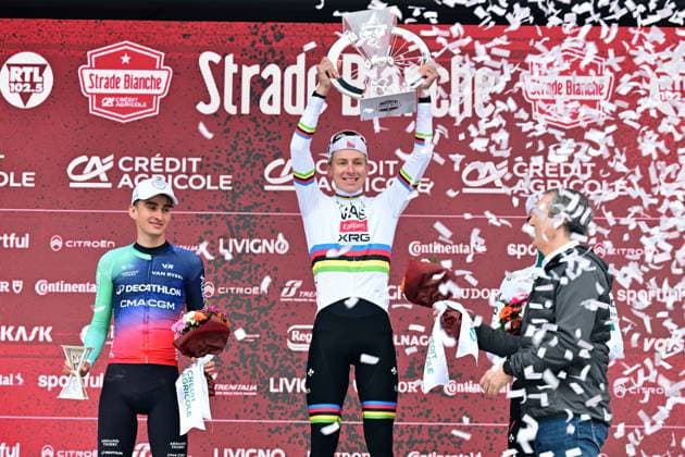 French Paul Seixas of Decathlon CMA CGM Team, Slovenian Tadej Pogacar of UAE Team Emirates - XRG and Mexican Isaac Del Toro of UAE Team Emirates - XRG celebrate on the podium of the men elite Strade Bianche one day cycling race, 203km from and to Siena, Italy on Saturday 07 March 2026. DIRKxWAEM  x166756560x