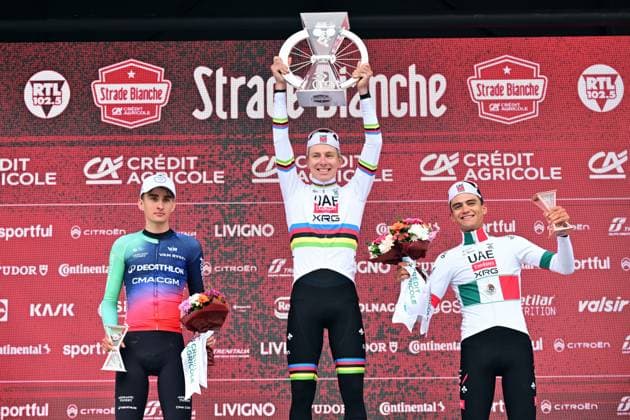 French Paul Seixas of Decathlon CMA CGM Team, Slovenian Tadej Pogacar of UAE Team Emirates - XRG and Mexican Isaac Del Toro of UAE Team Emirates - XRG celebrate on the podium of the men elite Strade Bianche one day cycling race, 203km from and to Siena, Italy on Saturday 07 March 2026. DIRKxWAEM  x166756572x