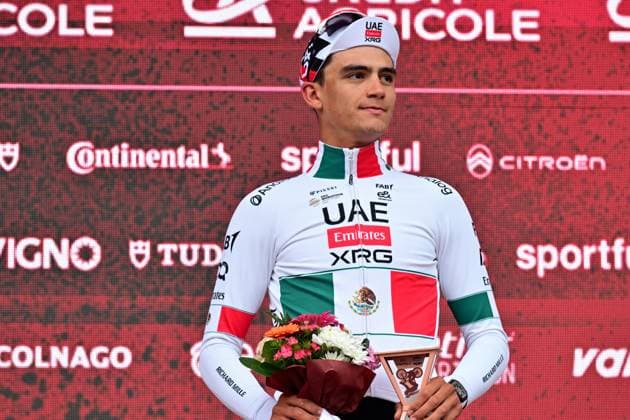 Mexican Isaac Del Toro of UAE Team Emirates - XRG pictured on the podium after the men elite Strade Bianche one day cycling race, 203km from and to Siena, Italy on Saturday 07 March 2026. DIRKxWAEM  x166756584x