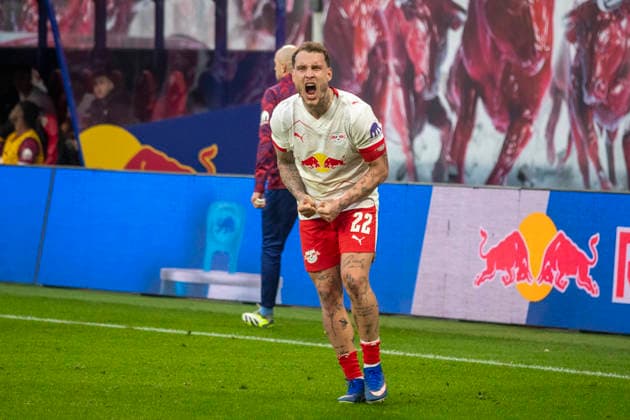 GER, Leipzig, Soccer, DFL Bundesliga, 25 Matchday, RB Leipzig vs FC Augsburg in picture f l David Raum RB Leipzig 22 , Goal celebration, scream, cheer 07 03 2025, Red Bull Arena Leipzig DFL DFB REGULATIONS PROHIBIT ANY USE OF PHOTOGRAPHS AS IMAGE SEQUENCES AND OR QUASI VIDEO, Copyright: HMBxMedia PaulxFritz