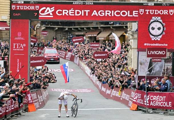 Slovenian Tadej Pogacar of UAE Team Emirates - XRG celebrates after winning the men elite Strade Bianche one day cycling race, 203km from and to Siena, Italy on Saturday 07 March 2026. DIRKxWAEM  x166756627x