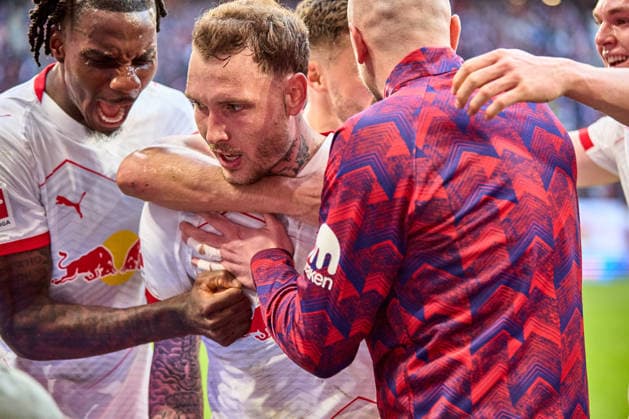 07 03 2026, Football, Men, Bundesliga, 2025 2026, RB Leipzig FC Augsburg Manschaft, RB Leipzig, Cheering after 2 1 in injury time Leipzig Red Bull Arena Saxony Germany