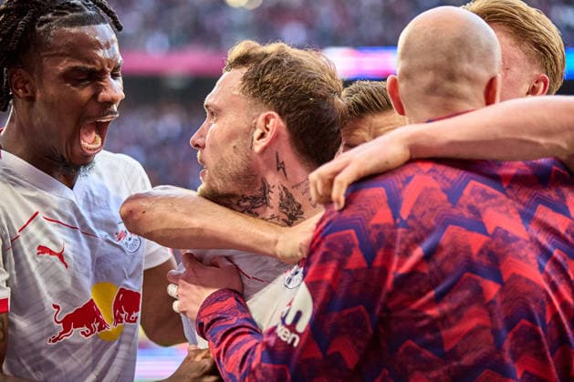 07 03 2026, Football, Men, Bundesliga, 2025 2026, RB Leipzig FC Augsburg Manschaft, RB Leipzig, Cheering after 2 1 in injury time Leipzig Red Bull Arena Saxony Germany